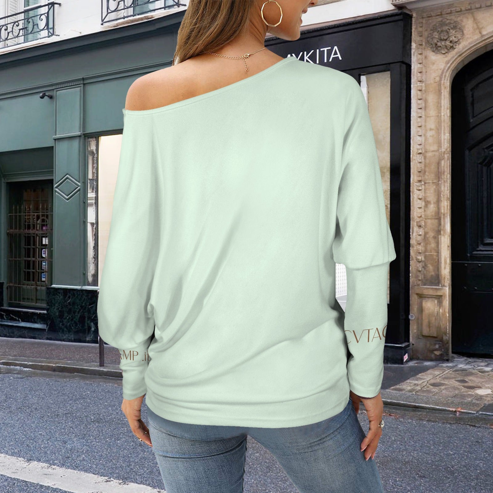 CVTACAMP .it Authentice Off-Shoulder Long Sleeve (Sea)